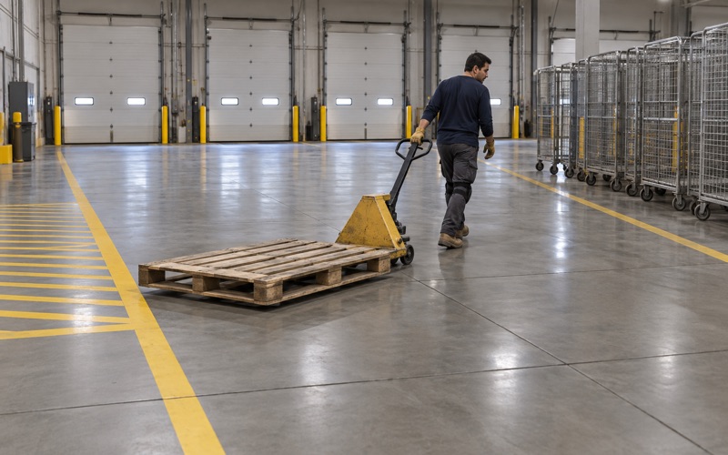 An empty pallet drawn across a coated delivery-station floor in Skokie, yellow walkway lines alongside.