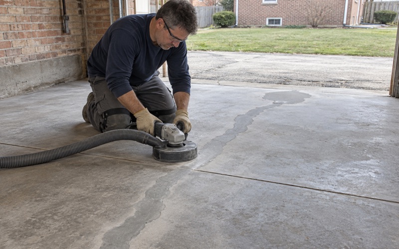 A crack repair in an old Skokie garage slab ground flush with a shrouded grinder before coating.