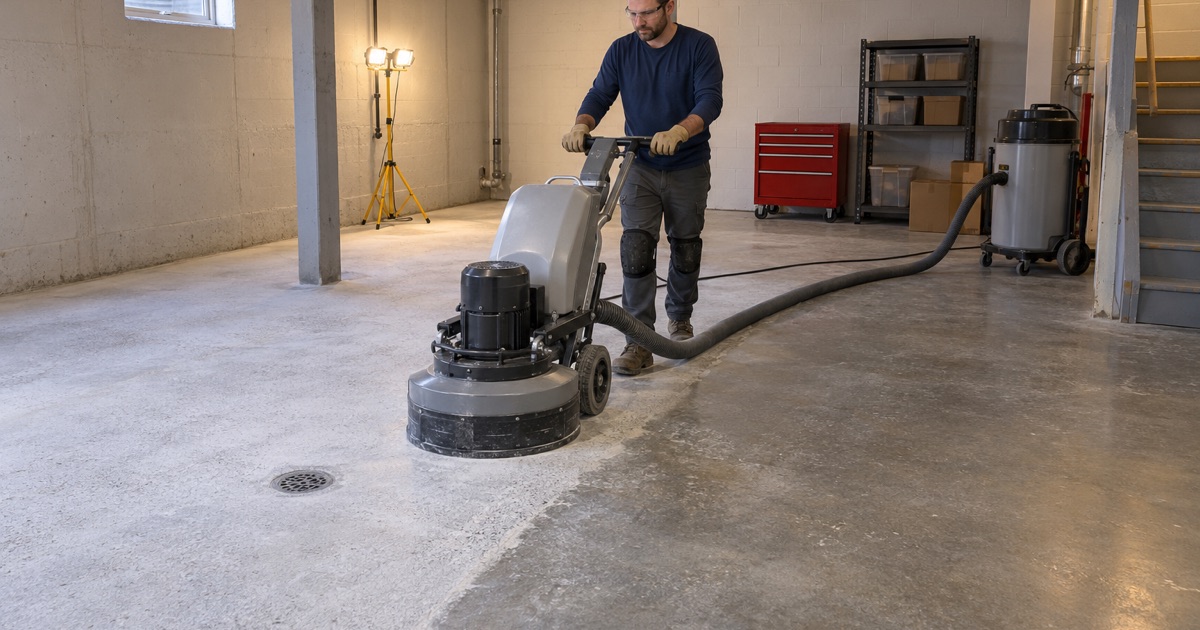 A walk-behind planetary grinder opening the surface of a Skokie basement slab, a vacuum hose running to the extractor.