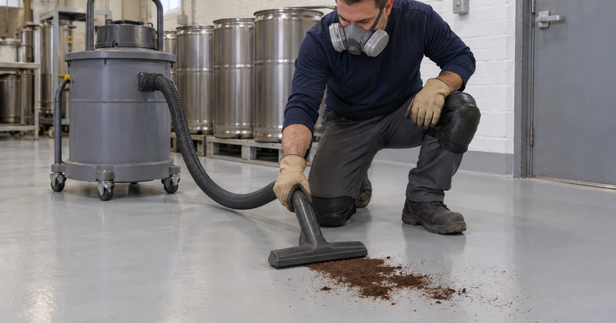 A dark powder spill vacuumed off a seamless light gray floor in a Bellwood powder refinery.