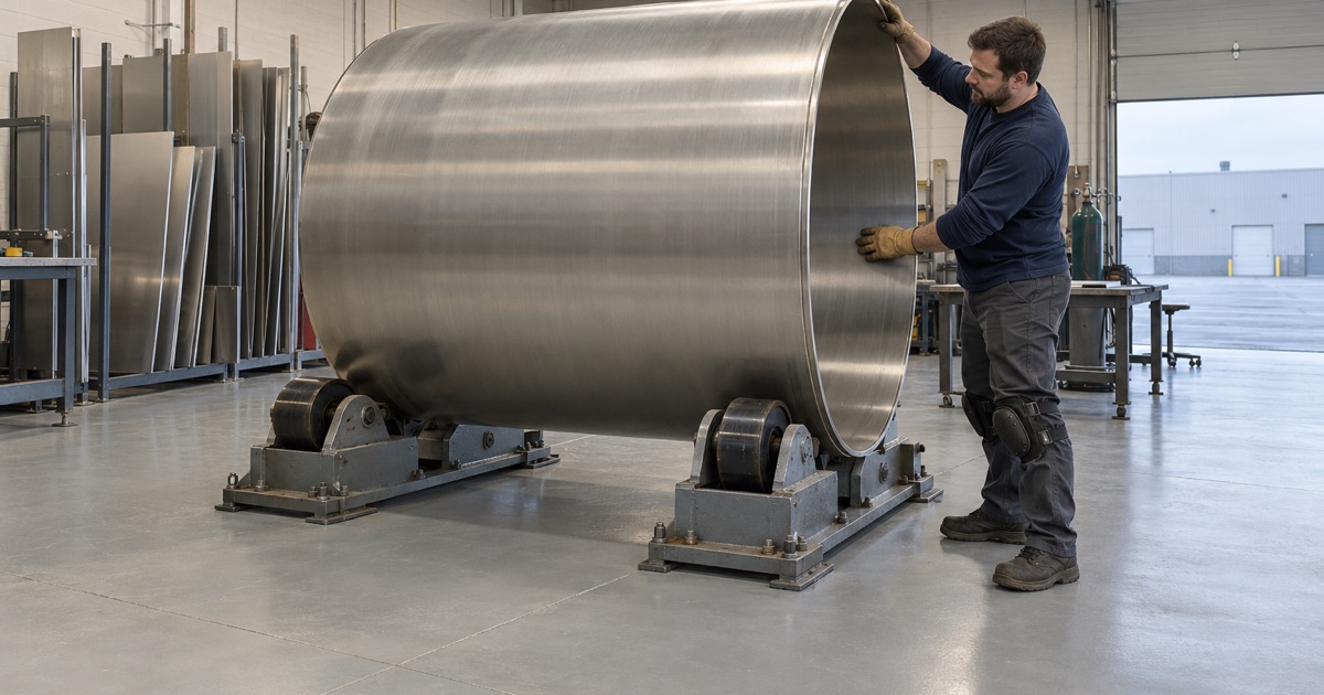 A stainless tank shell turned on roller stands over a sealed gray floor in a Bensenville fabrication shop.