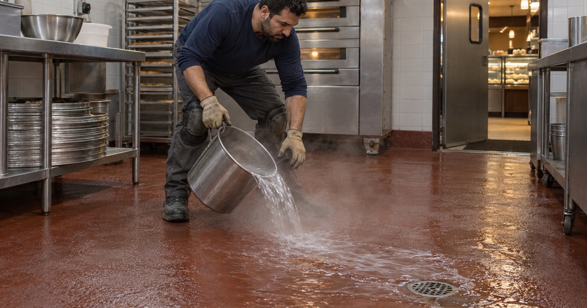 Hot rinse water poured across the textured floor of a Bridgeview sweets bakery after the late close.