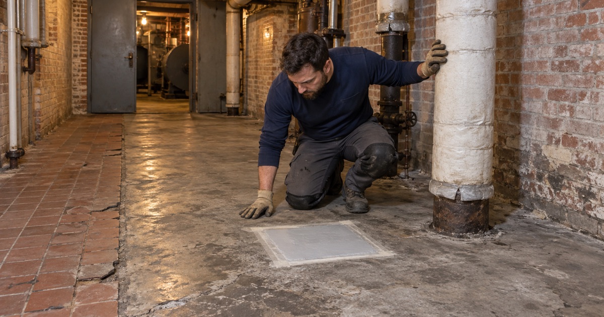 An old school basement floor in Brookfield with original tile left in place pending sampling