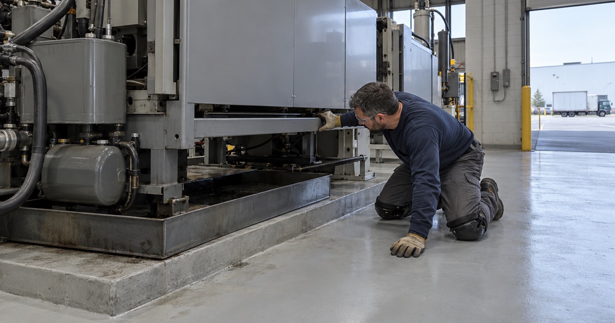 A chemical-resistant coated floor beside an aluminum die-casting machine in Franklin Park, checked at the drip pan.
