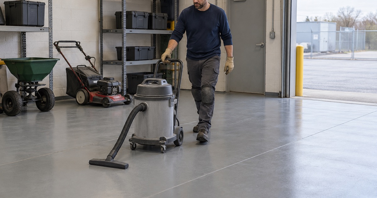 A sealed shop floor in Justice where spreaders are parked, vacuumed clean