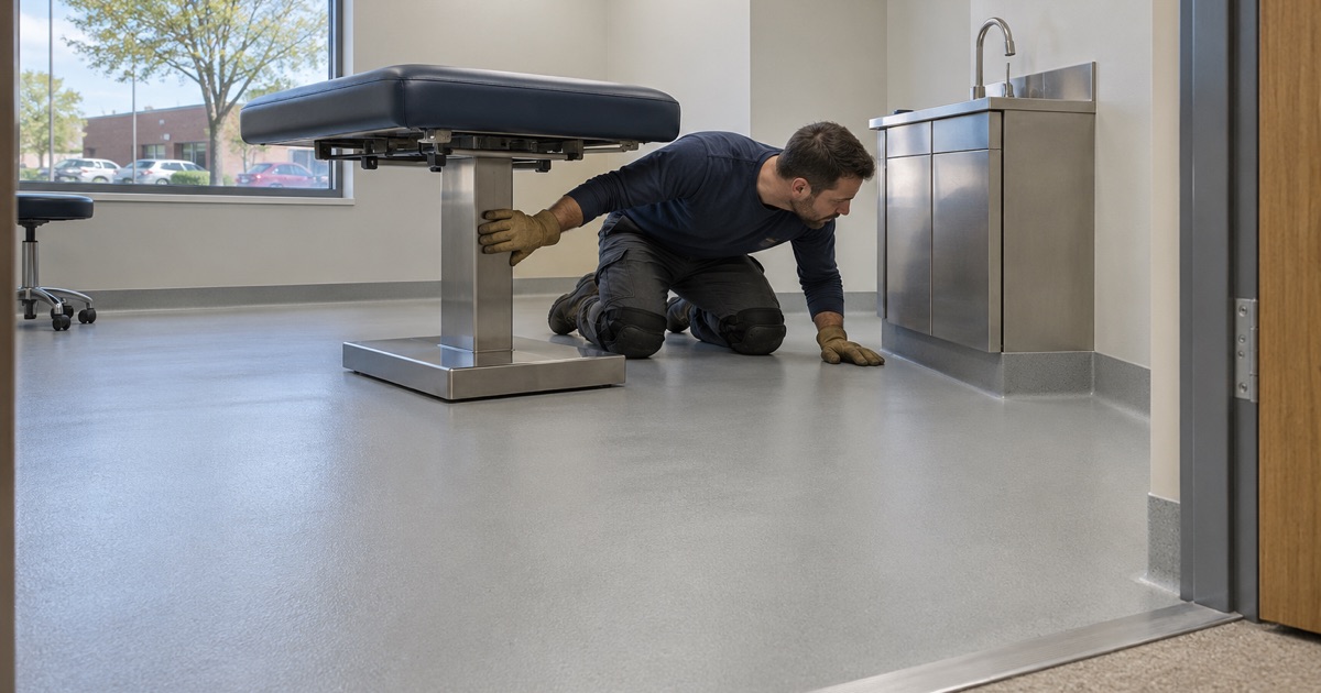 A light gray seamless care-room floor in La Grange Park, finished at the coved base