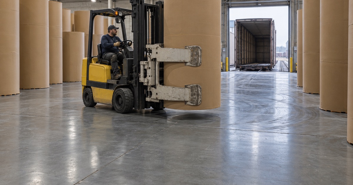 A clamp truck turning with a paper roll on a Northlake plant floor, its high-build coating darker where the tires pivot.