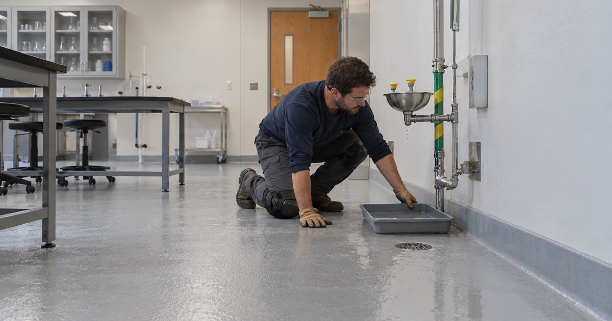 A coated school lab floor in Palos Hills draining to the floor drain under the eyewash station