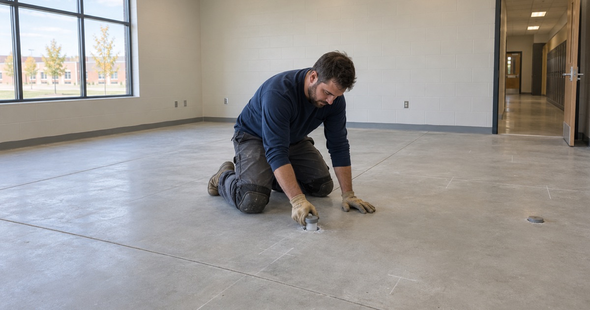 A new school addition slab in Prospect Heights tested for moisture before its floor goes in