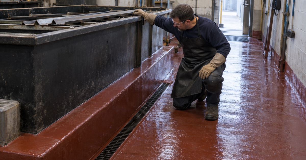 An acid-rated lining around a pickling tank at a River Grove metal finisher, checked where it meets the tank base.