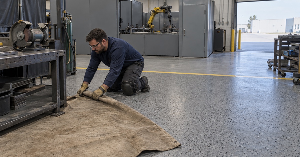 A fire-resistant blanket spread on a speckled coated floor in front of a Schiller Park robotic weld cell.