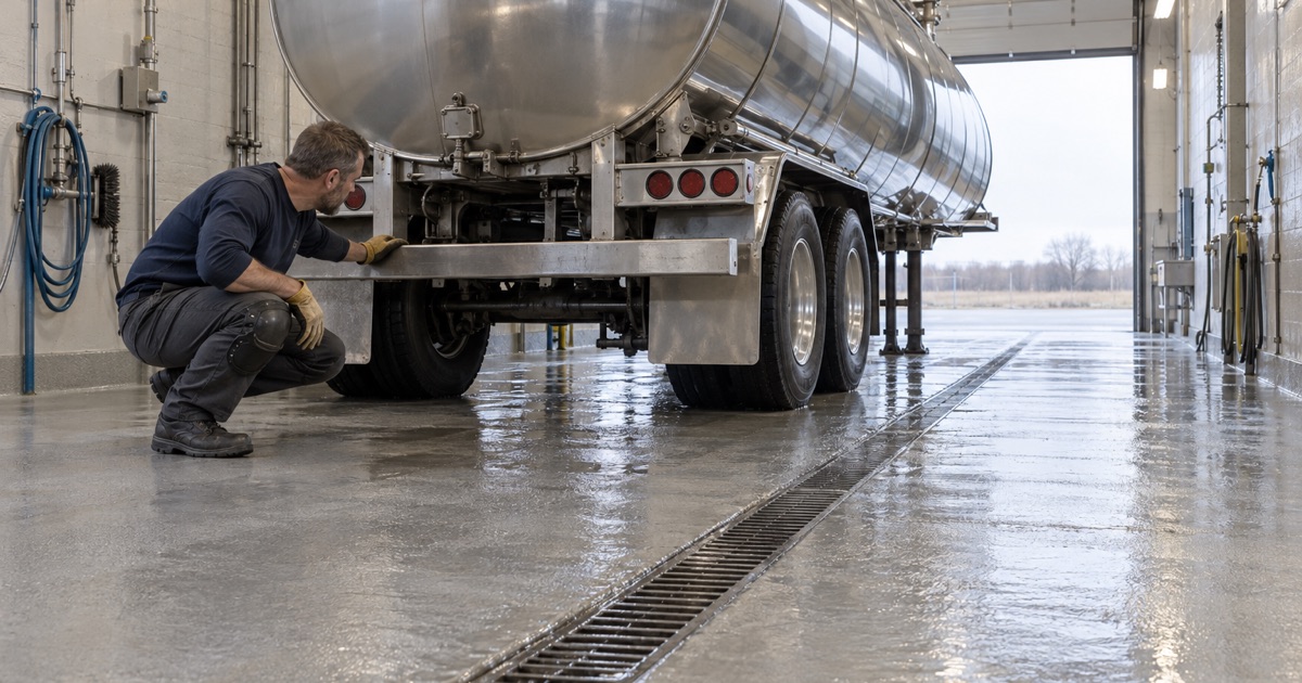 Rinse water running to the trench drain under a stainless milk tanker in a coated Summit wash bay.
