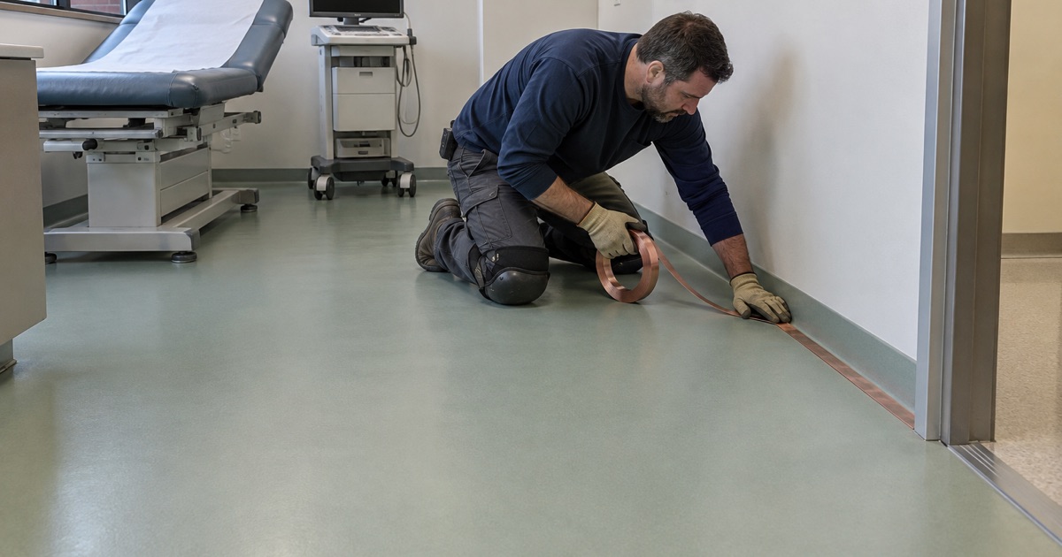 A copper grounding strip laid at the coved base of a static-control floor in a Westchester diagnostic room.