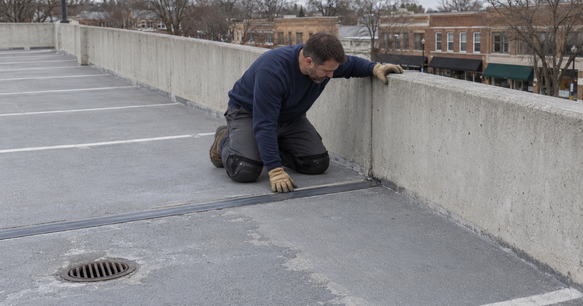 The open top deck of the Hubbard Woods parking garage in Winnetka, its traffic membrane read at an expansion joint.