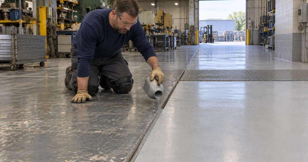 Flexible sealant poured into the isolation joint where a new factory addition meets an older slab in Wood Dale.
