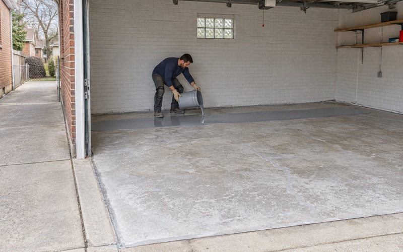 Gray epoxy base coat poured in a ribbon onto the ground slab of a detached Skokie garage.