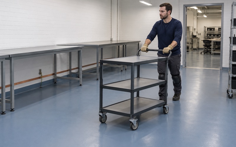 A static-safe cart rolled across a grounded static-dissipative floor in a Skokie electronics assembly room.