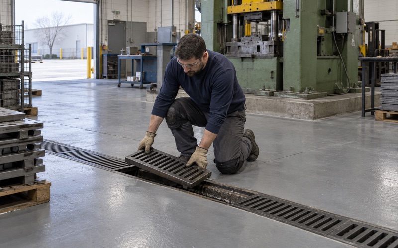 A heavy steel trench drain grate lowered back into its frame in a coated Skokie manufacturing floor.