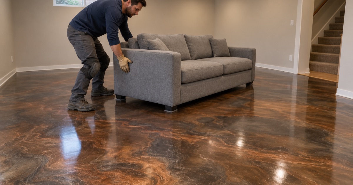 A sofa slid back onto a cured bronze and charcoal metallic epoxy floor in a Skokie basement rec room.