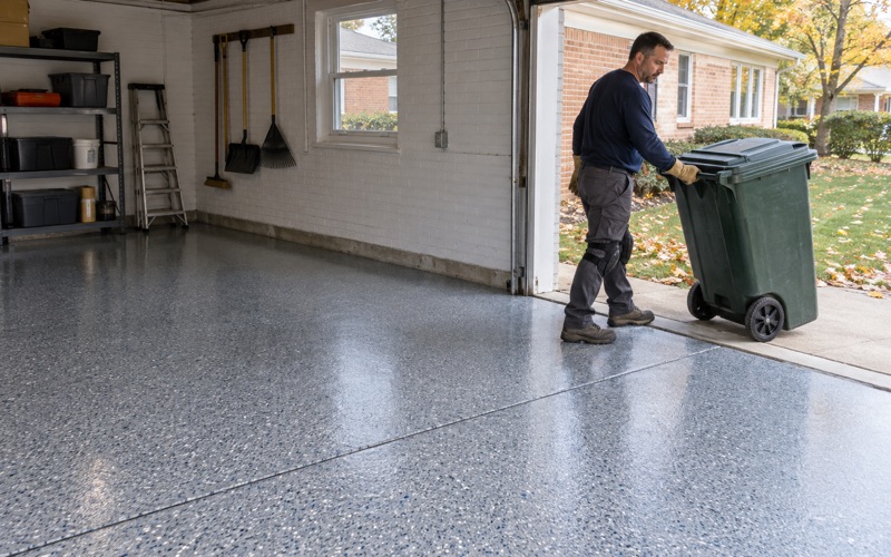 A wheeled garbage cart rolled back into a Skokie detached garage onto its same-day polyaspartic flake floor.